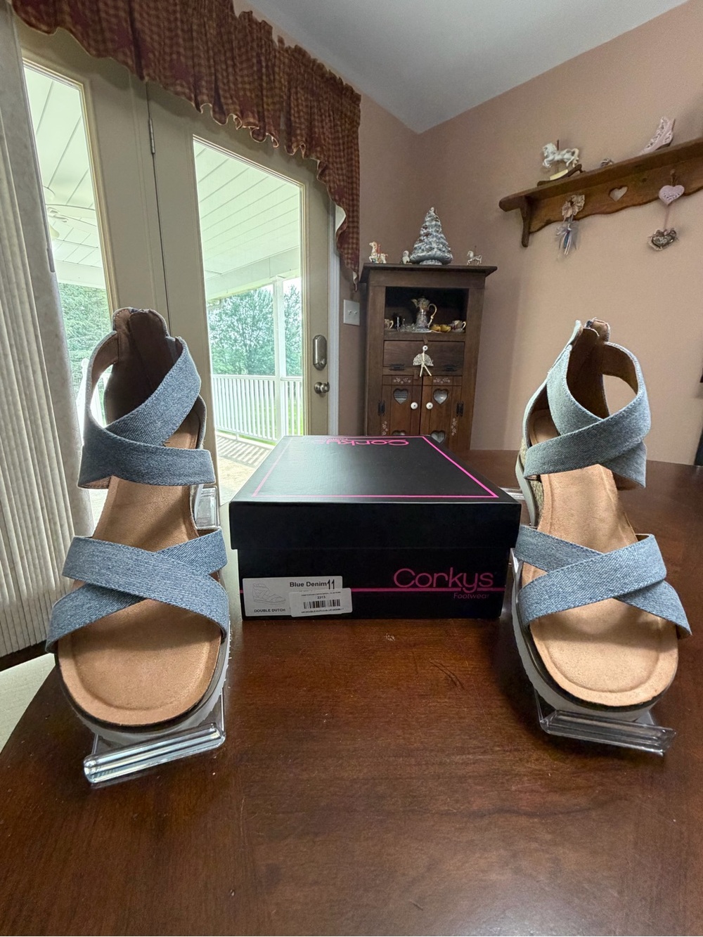 Corkys Blue Denim Wedge Sandals
